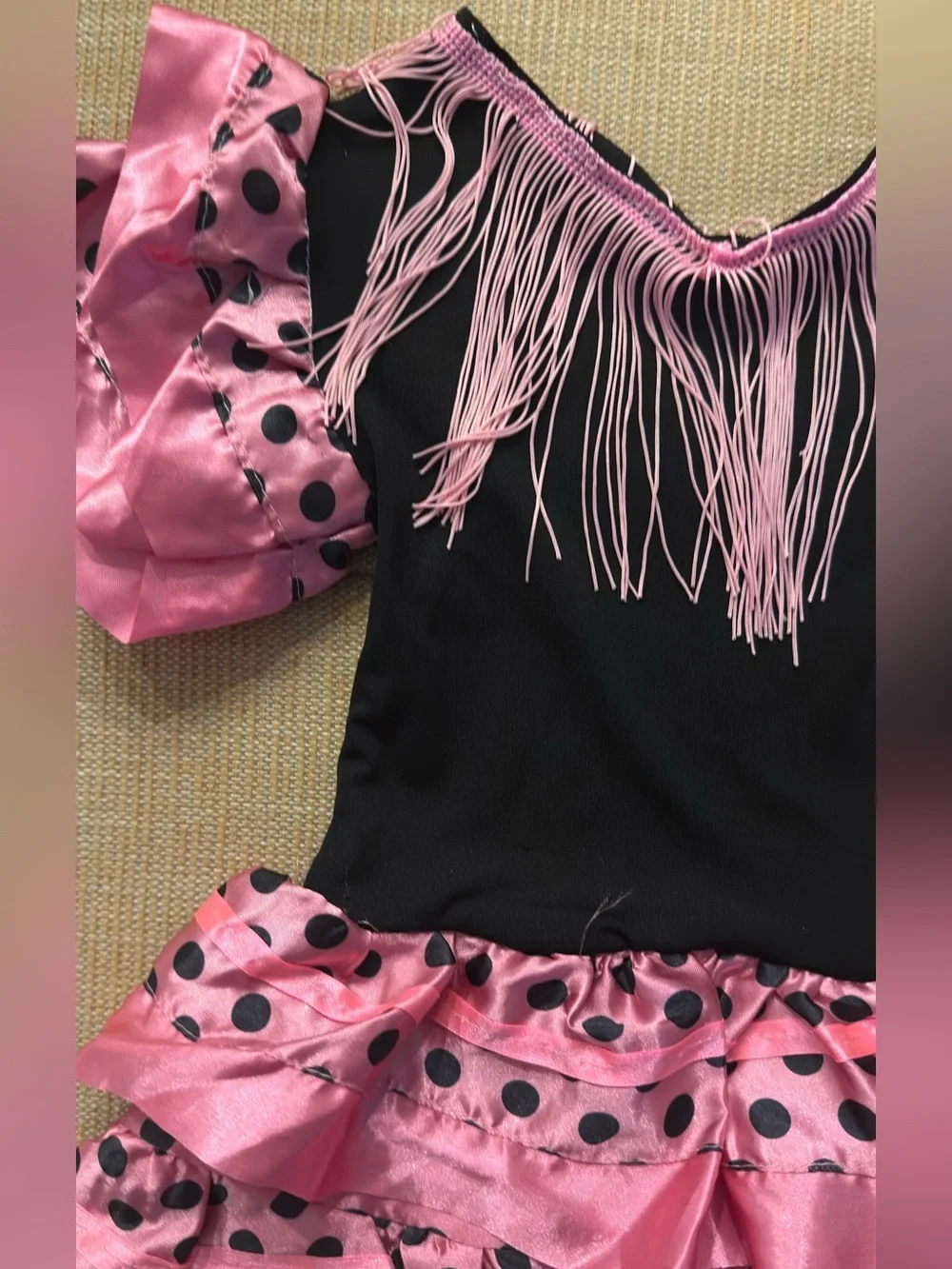 Girls Pink and Black Flamenco Ruffle Costume with Fringe 4/5